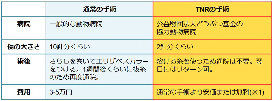通常の手術とTNRの手術の比較表