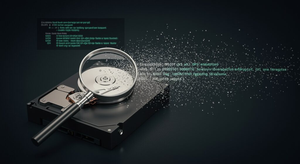 既存システムやハードディスク内のデータを詳細に調査・分析するイメージ