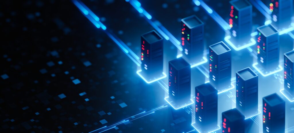 青い光のラインで接続された複数のサーバーが並ぶオンプレミスのシステム基盤の概念図